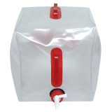 Clear collapsible 5 gallon water container with red carry handle and spigot, front view