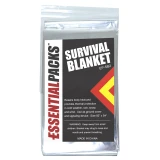 Essential Packs mylar survival blanket in silver foil packaging, 82 by 54 inches