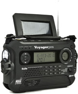 Kaito Voyager Pro KA600L emergency radio with solar panel raised, hand crank, and NOAA weather band