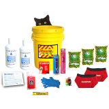 Cat emergency kit contents: yellow bucket, Puravai water, cat food, bowl, litter supplies and pet alert sticker