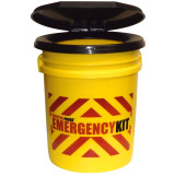 Yellow Emergency Kit bucket with red chevron stripes and black snap-on toilet seat lid