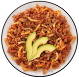 Bowl of ReadyWise Desert High chili mac with beef topped with avocado slices