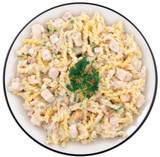 Plate of ReadyWise Old Country pasta alfredo with chicken and parsley garnish