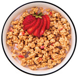 Bowl of ReadyWise Sunrise strawberry granola crunch topped with sliced strawberries