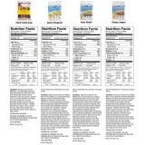 Nutrition facts labels for ReadyWise tortilla soup, stroganoff, pasta alfredo and cheesy lasagna