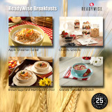 ReadyWise breakfast meals including apple cinnamon cereal, crunchy granola and multigrain cereal