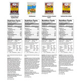 Nutrition facts for ReadyWise creamy pasta, chili macaroni, chicken flavored pot pie and southwest rice and beans