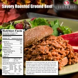 ReadyWise savory roasted ground beef serving with nutrition facts label