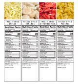 Nutrition facts labels for ReadyWise freeze dried apples, bananas, strawberries and peaches