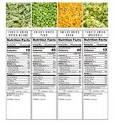 Nutrition facts labels for ReadyWise freeze dried green beans, peas, corn and broccoli