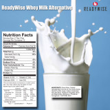 ReadyWise whey milk alternative nutrition facts label over a milk splash image