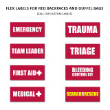 FLEX label options for red backpacks and duffel bags: Emergency, Trauma, Team Leader, Triage, First Aid, Medical