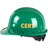 Side of the green Premium CERT hard hat with yellow CERT lettering