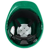Inside of the green Premium CERT hard hat showing ratchet suspension harness
