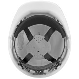 Inside of the white premium hard hat showing ratchet suspension harness