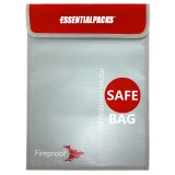 Fireproof water resistant document pouch closed, with red EssentialPacks flap and Safe Bag logo