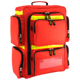 Front of the red Deluxe EP-FLEX4Z emergency backpack with yellow reflective strips and label window