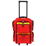 Front of the red Premium EP-FLEX4 rolling emergency backpack with reflective strips and label window