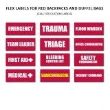 Pre-printed label options for red emergency backpacks: Emergency, Trauma, Triage, First Aid and more