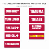 Red pre printed FLEX label options including Emergency, Trauma, Triage, and First Aid