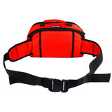Premium waist pack in red, back view showing adjustable black waist belt and buckle