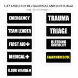 Pre-printed black flex labels for red emergency bags: Emergency, Trauma, Triage, First Aid, Search and Rescue
