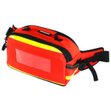 Red Premium Waist Pack Emergency Kit with yellow reflective stripe, angled side view