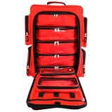 Red Deluxe EP-FLEX4Z emergency backpack open, showing four removable clear top pouches inside