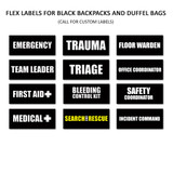Flex label options for black backpacks, including Emergency, Trauma, First Aid, and Triage labels