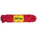 Coil of red 50 foot nylon utility rope with yellow Essential Packs label