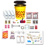 Contents of the Deluxe Bucket Emergency Kit for 2 people: yellow bucket, water pouches, food bars, masks, first aid kit