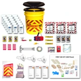 Contents of the Deluxe Bucket Emergency Kit for 3 people: yellow bucket, water pouches, food bars, masks, first aid kit
