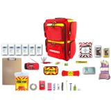 Contents of the Deluxe Backpack Emergency Kit for 1 person: food bars, water pouches, radio, tube tent, first aid kit