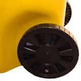 Close up of the heavy duty black wheels on the yellow emergency supplies storage container