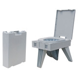 Cleanwaste Go Anywhere portable toilet shown folded flat and opened with lid up