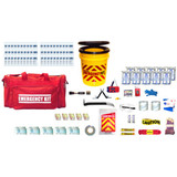 Contents of the 10 person office emergency kit: red duffel bag, water pouches, food bars, bucket toilet, caution tape