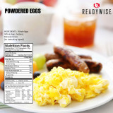 ReadyWise powdered eggs nutrition facts label with plate of scrambled eggs and sausage