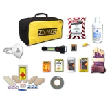 Contents of the Compact Car Roadside Emergency Kit (1 Person): Emergency bag, LED flare, flashlight, dust mask, water, gloves