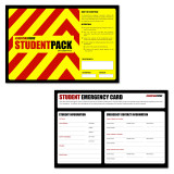 StudentPack emergency kit front label and student emergency card with contact information fields