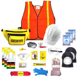 Search and rescue personal responder pack contents with orange safety vest, hard hat, waist pack and gloves