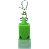 Top view of the green CERT emergency whistle with silver carabiner clip