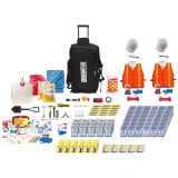 Contents of the 15 person Ready Roller classroom emergency kit: rolling duffel, hard hats, safety vests, water, food