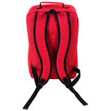 Back of the red standard emergency backpack showing padded shoulder straps
