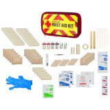 100 piece first aid kit pouch contents: bandages, gauze pads, antiseptics, tape, gloves and dressings
