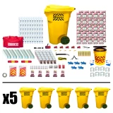 250 person office emergency kit contents with five wheeled containers of food bars, water and supplies