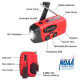 Hand crank and solar emergency radio diagram with NOAA weather band, LED flashlight and phone charger