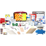 TraumaPack contents: red trauma bag, first aid guide, bandages, dressings, tape and gloves
