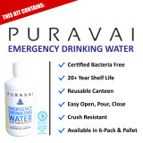 Puravai emergency drinking water canteen with feature list including 20 year shelf life and bacteria free
