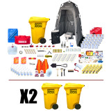 50 person Office Pro emergency kit contents with two wheeled containers, privacy shelter, water and supplies