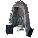 GO Anywhere portable toilet system with gray pop up privacy shelter, toilet and carry bags